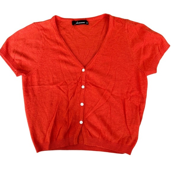 Oblivious Sweaters - Oblivious Women's Orange Short Sleeve Button Cardigan Sweater M